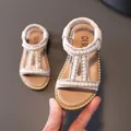 Elegant girls' Roman sandals decorated with pearls and rhinestones for summer - Size 27 Inner Length 16.5 / Beige
