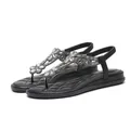 Stylish bohemian black thong sandals featuring sparkling rhinestone flower decorations - Black