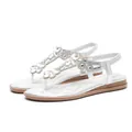 Elegant women's silver bohemian t-strap flat sandals with sparkling rhinestone flower motifs - Silver