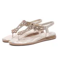 Elegant Bohemian champagne gold flat sandals with rhinestone flower T-strap design - Light gold