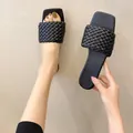 Black woven strap slides for women with square toe and flat sole for summer wear - 35 / Black