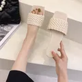 Elegant beige women's woven strap flat slippers for summer outdoor beach wear. - 35 / Off White