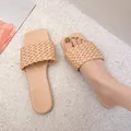 Elegant beige woven strap flat slide sandals for women's summer casual beach wear - 38 / Khaki