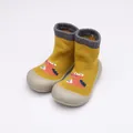 Yellow baby sock shoes featuring cute cartoon dinosaur pattern and soft rubber soles for safety - Size 24/25 / Yellow Cartoon Terry