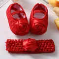 Schattige rode baby prinsessenschoenen en hoofdband set met grote stoffen rozen - Rode Roos Bloem (Set)