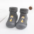 Cute grey baby sock shoes featuring a cartoon giraffe pattern and soft anti-slip rubber sole - Size 24/25 (Inner Length 14.5cm) / Grey Giraffe