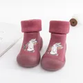 Pink knit baby sock shoes featuring a cute cartoon rabbit design and soft rubber sole - Size 24/25 (Inner Length 14.5cm) / Wine Red Little Rabbit