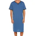 Detail view of a men's modal long sleep shirt with V-neck and black trim - M / Tops / Sapphire Blue