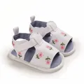 Sandales d'été blanches pour bébé avec broderies fleurs roses et doublure rayée bleue - Fleur Blanche