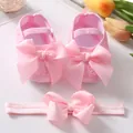 Detailed view of pink lace baby shoes and matching bow headband set for infants - Size 11 (Inner Length 10.5cm) / Pink And Headband