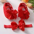 Detail shot of red baby princess shoes and matching bow headband set for infants. - Size 11 (Inner Length 10.5cm) / Red And Headband