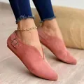 Stylish women's pink suede pointed-toe flat shoes featuring a side buckle detail - 35 / Pink