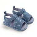 Détail de sandales bébé en denim bleu avec imprimé ancre blanche et semelles souples. - Ancre Bleu Clair