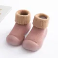 Cozy pink toddler sock shoes with soft rubber soles and tan fuzzy ribbed cuffs - 18/19 / Pink