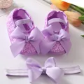 Lovely purple baby girl princess lace shoes and matching large bow headband gift set - Size 11 (Inner Length 10.5cm) / Purple + Headband