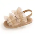 Detail view of baby sandals with double layered tulle ruffles and soft fabric sole - Apricot