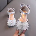 Elegant silver girl princess sandals with large rhinestone bowknot detail - 21 / Silver