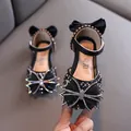 Elegant black girl's princess shoes featuring sparkling rhinestone bows and soft soles - 21 / Black