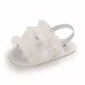 Detailed view of white baby sandals with delicate ruffle lace and elastic heel strap. - Inner Length 11cm / White