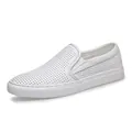 Breathable men's white perforated soft leather slip-on casual trendy board shoes - 38 / White
