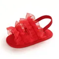 Detail of red ruffled baby sandals with elastic strap and soft sole for infants - Inner Length 11cm / Red