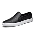 Premium black perforated leather slip-on loafers for men with durable white rubber sole - 38 / Black