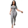 Detailed view of women's grey ribbed high-stretch two-piece sports outfit set - S / Top And Bottom / Gray