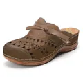 Detail view of brown laser-cut women's clogs with a decorative bow and contrast stitching. - Brown