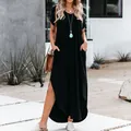 Elegant solid color loose irregular maxi dress with side pockets for summer lifestyle - Black