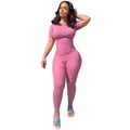 Comfortable pink ribbed high-stretch two-piece sports suit for women athletic wear - S / Top And Bottom / Pink
