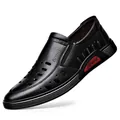 Professional black men's breathable leather hollow loafers featuring elegant sport accents - Black