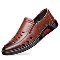 Men's breathable brown genuine leather hollow casual loafer sandals - Brown