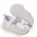 Close-up of white polka dot baby girl shoes with soft non-slip sole and bow - White