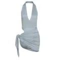 Sexy light blue halter V-neck bodysuit and asymmetric wrap mini skirt set for women - S / Top And Bottom / Blue