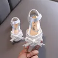Elegant silver girl's princess shoes decorated with rhinestone and pearl bow detail - 21 / Silver