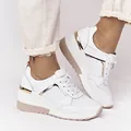 Detailed view of white platform sneakers with rose gold metallic accents and mesh design - 35 / White