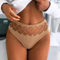 Sexy high-waisted seamless thong with hollow out fishnet design for women's fitness - XL / Nude