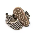 Detailed view of baby girl houndstooth pre-walker shoes with anti-slip rubber sole. - Insole Length 11cm / Apricot