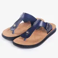 Stylish dark blue women's thong sandals with textured footbed and metal buckle detail. - Blue