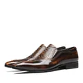 Premium glossy brown leather dress shoes featuring crocodile texture and pointed toe design - 37 / Loafers (86803) / Brown