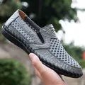 Men's breathable grey mesh slip-on casual shoes with stylish crocodile texture pattern - Gray