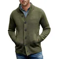 Macro view of olive green chunky knit men's cardigan sweater texture and buttons - M / Tops / Army Green