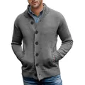 Detailed view of men's grey solid color knitted cardigan with single-breasted buttons. - M / Tops / Dark Gray
