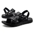 Breathable men's black PU leather sandals with metal studs and non-slip sole for summer - All Black