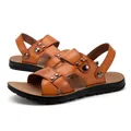 Brown men's PU leather summer beach sandals with anti-slip sole and metallic studs - 38 / Yellow Brown