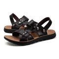 Dark brown men's PU leather sandals with non-slip sole for outdoor beach use - 38 / Brown-Black