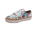 Detailed view of white ethnic floral print low-top sneakers with platform cork soles - 36 / Red Flower