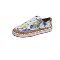 Detailed view of women's floral print loafers with side zipper and thick cork-textured sole - 36 / Purple