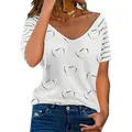 Detail of heart print and striped sleeves on white V-neck plus size T-shirt - White