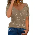 Detail of women's V-neck T-shirt with heart print and striped sleeves - Khaki